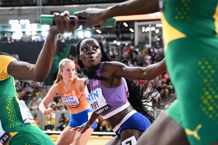 Ama Pipi, pictured at the change-over in the women's 4x400m relay final