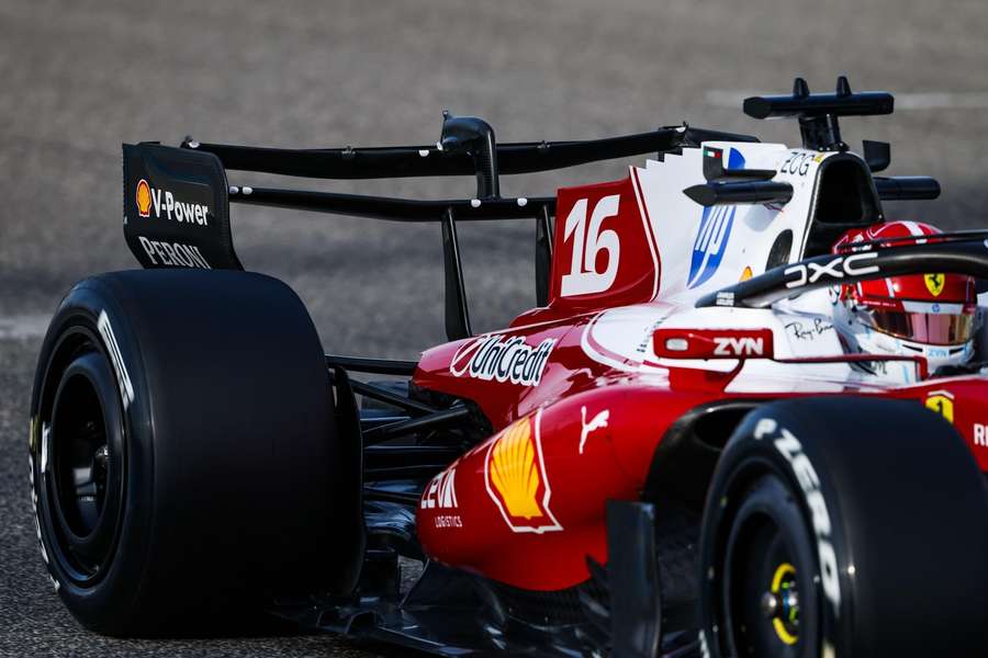The rear wing of Charles Leclerc's Ferrari