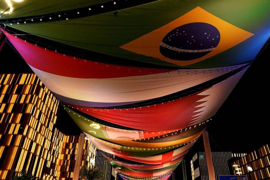 A general view of illuminated flags of competing World Cup nations, pictured in Lusail, near the Lusail Stadium in Al Daayen, Qatar. 