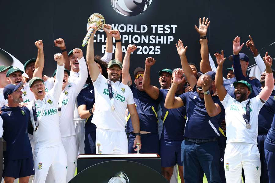 Aiden Markram lifts the mace as South Africa celebrate winning the World Test Championship final