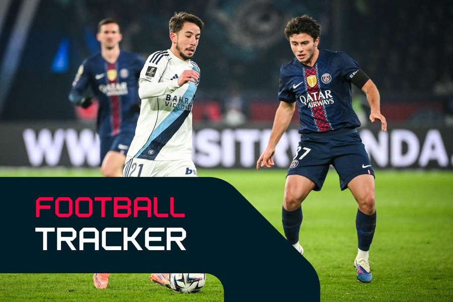 Maxime Lopez of Paris FC and Joao Neves of PSG in action on Sunday