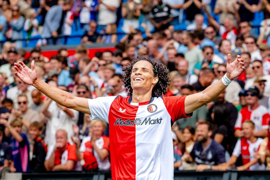 Feyenoord's Gjivai Zechiel celebrates scoring against Go Ahead Eagles