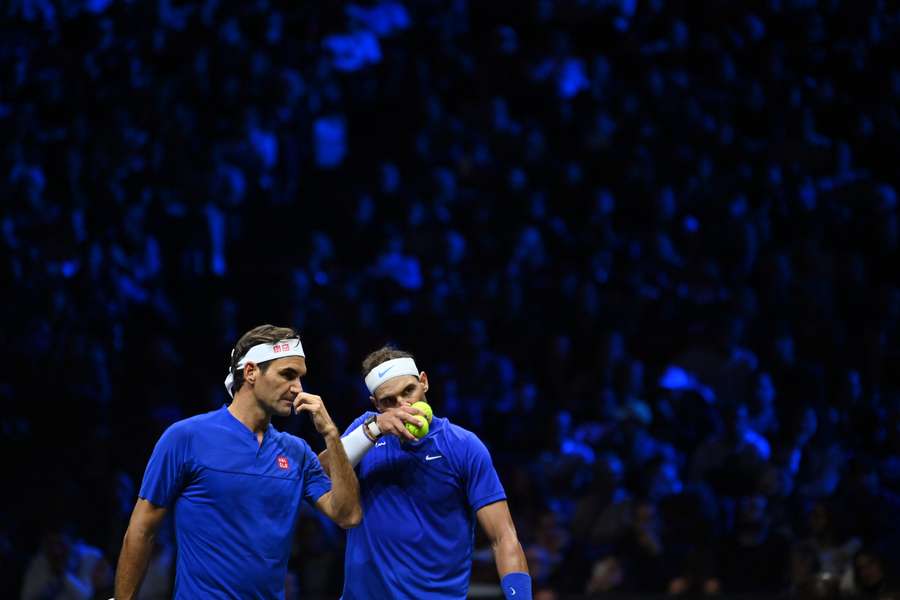 Federer and Nadal in action during the Swiss' final game