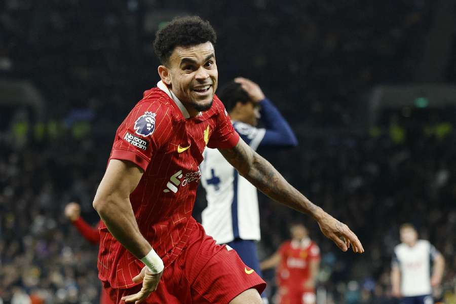 Luis Diaz celebrates scoring Liverpool's sixth goal 