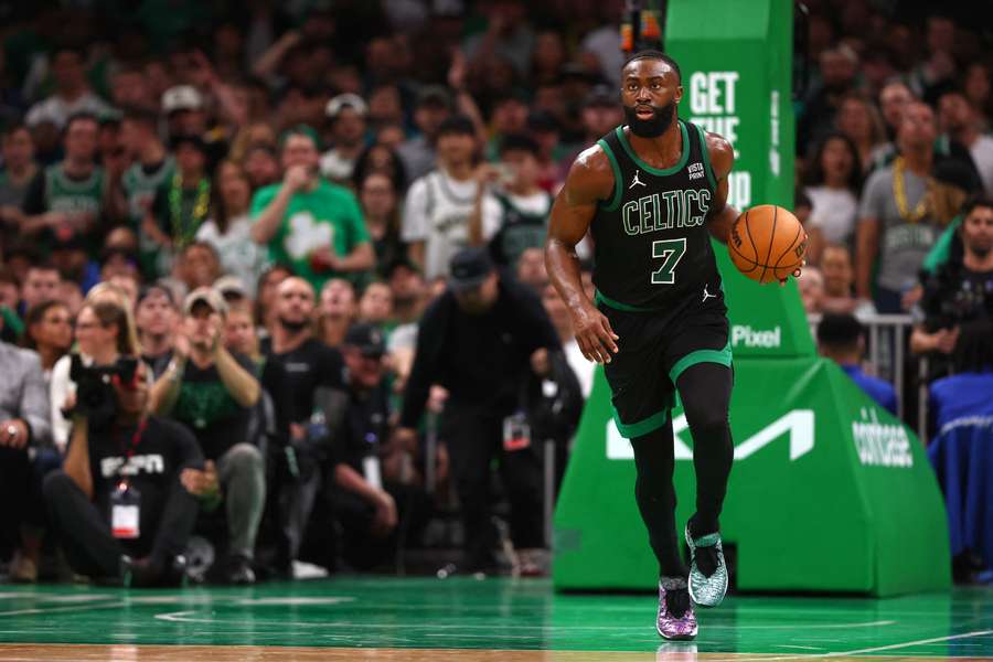 Boston's Jaylen Brown dribbles the ball in the Celtics' victory over Indiana in Game 2 of the NBA Eastern Conference finals