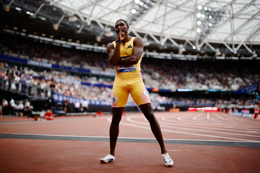 USA's Noah Lyles celebrates after winning the men's 100m event during the Diamond League in London