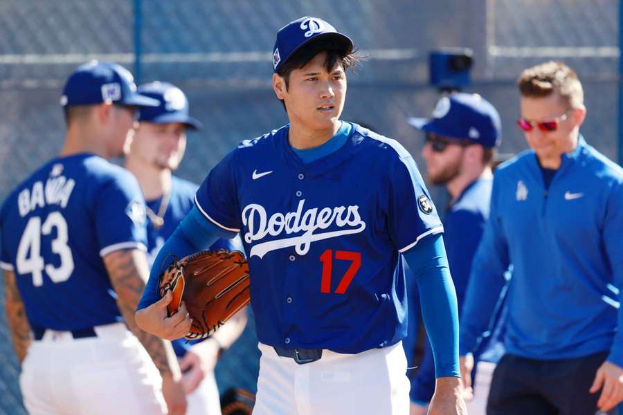 Shohei Ohtani during his first bullpen training session with the Los Angeles Dodgers.