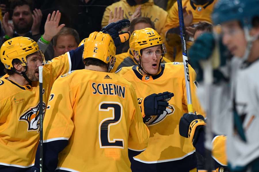 Nashville Predators right wing Michael McCarron celebrates after a goal during the third period against the San Jose Sharks