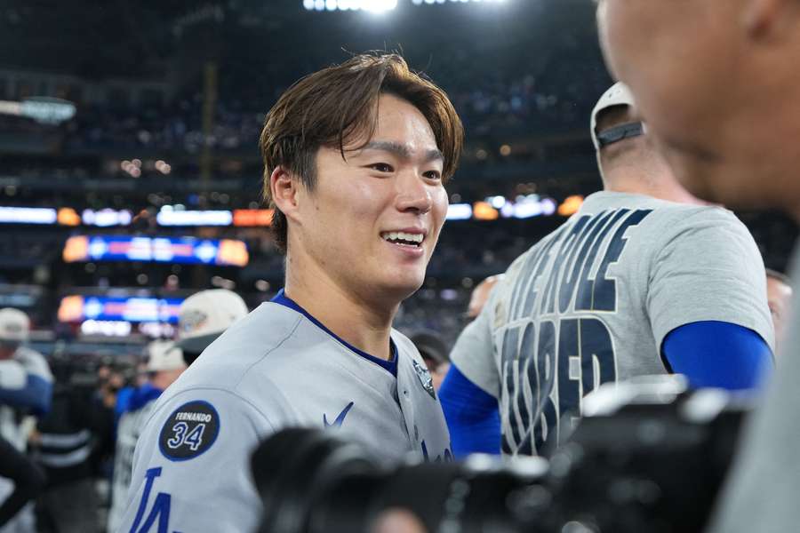 Los Angeles Dodgers pitcher Yoshinobu Yamamoto reacts after defeating the Toronto Blue Jays in Game 7 Los Angeles Dodgers pitcher Yoshinobu Yamamoto reacts after defeating the Toronto Blue Jays in Game 7