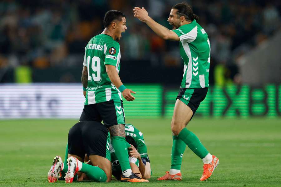 Real Betis' Sofyan Amrabat celebrates scoring with teammates