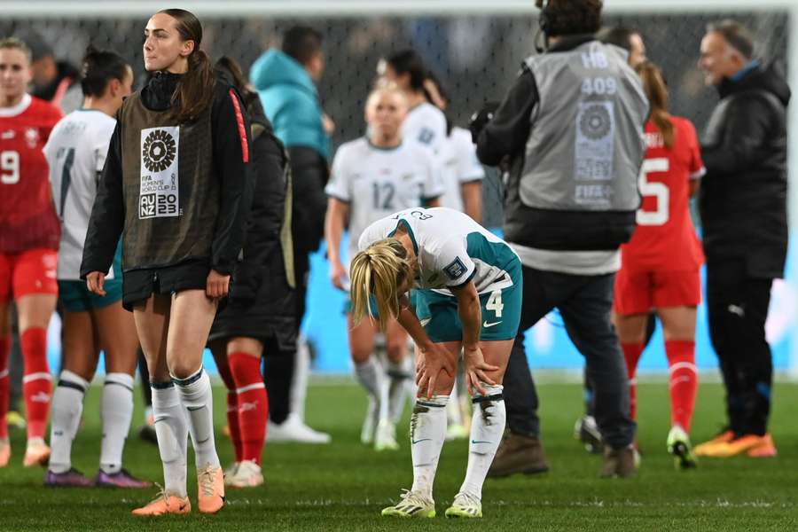 New Zealand midfielder Katie Bowen (C) reacts after exiting the Women's World Cup