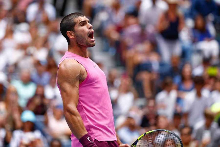 Carlos Alcaraz celebrates against Jiri Lehecka Carlos Alcaraz celebrates against Jiri Lehecka