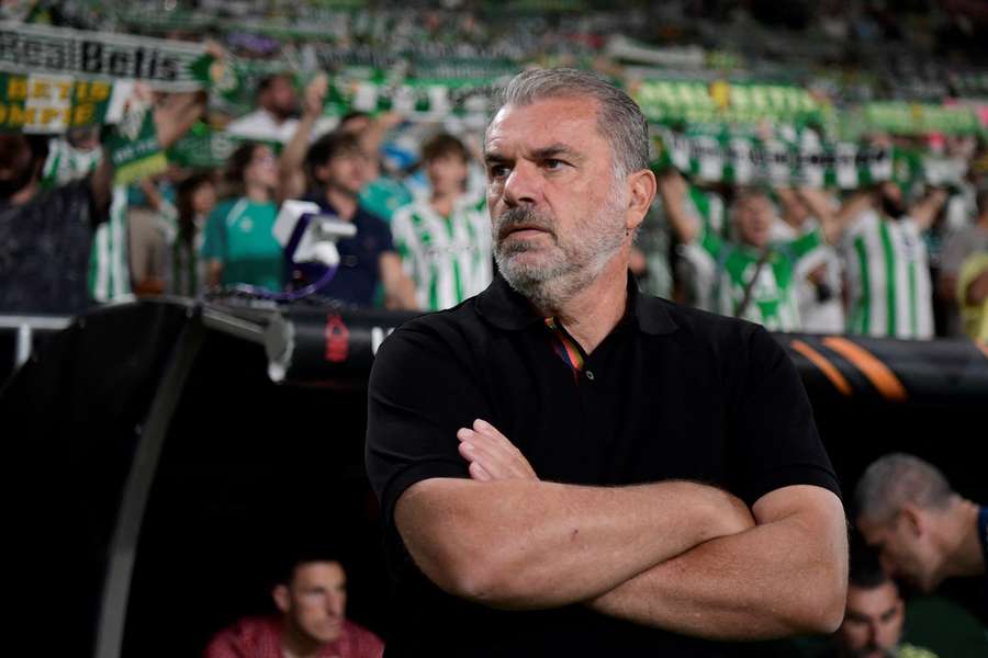 An unhappy Ange Postecoglou looks on as his team relinquishes a 2-1 lead away to Real Betis. 