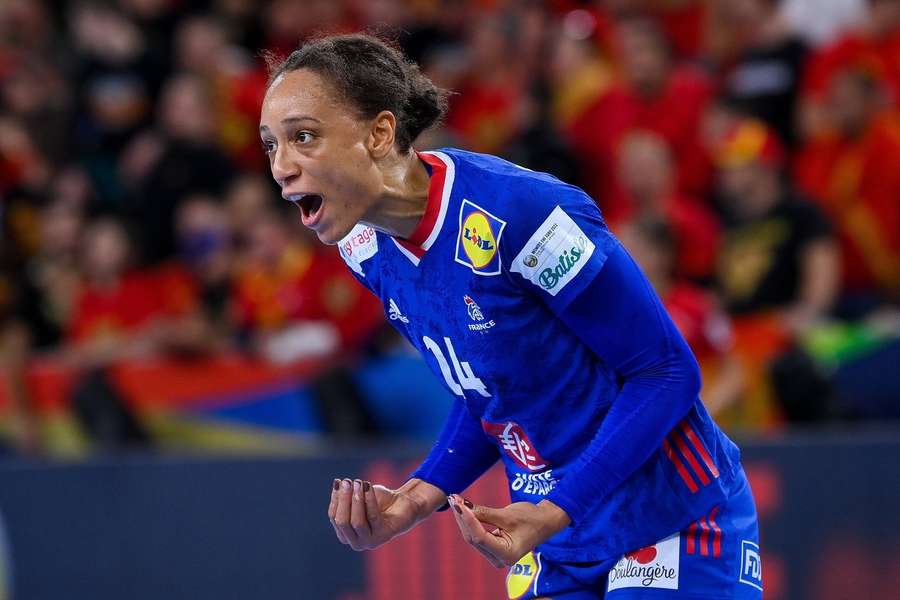 Beatrice Edwige of France reacts during the bronze medal match between Montenegro and France at the 2022 EURO