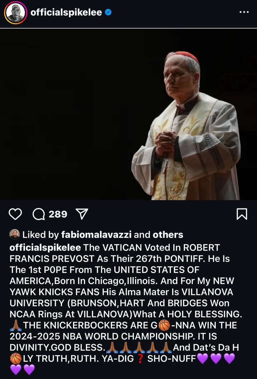 Postagem de Spike Lee no Instagram sobre a escolha do novo Papa