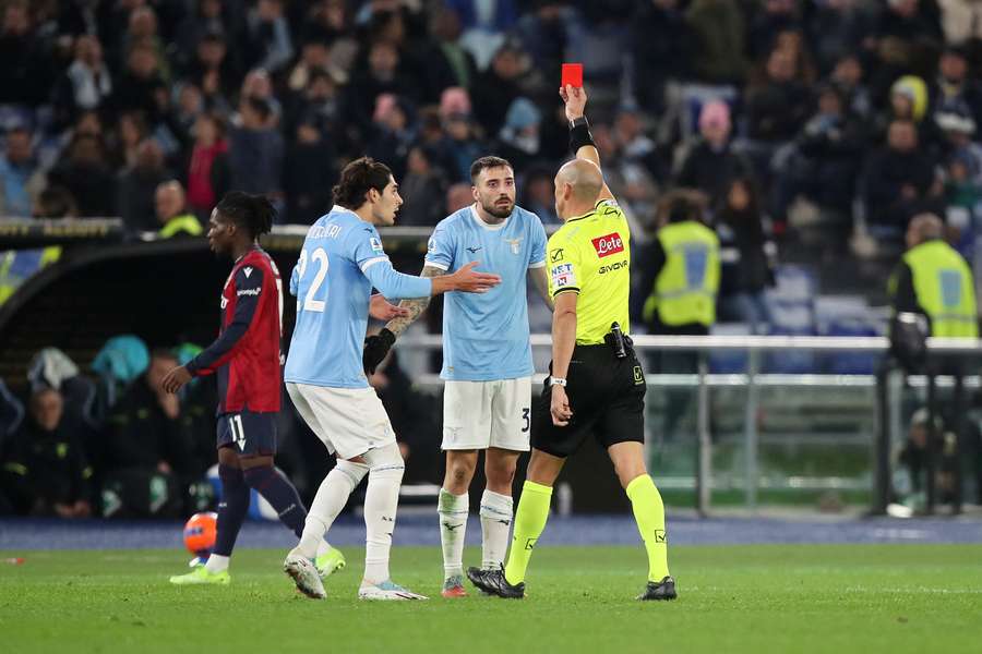 Mario Gila of Lazio is shown a red card Mario Gila of Lazio is shown a red card