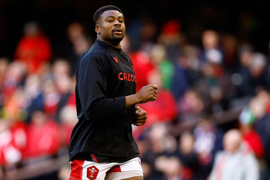 Christ Tshiunza during a warm-up for Wales against England in the Six Nations