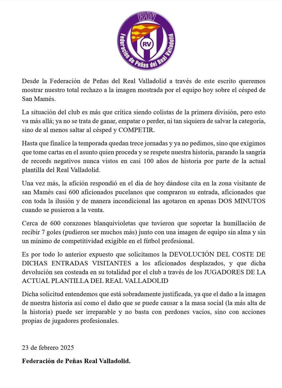 Letter from Real Valladolid supporters demanding players pay for their away tickets