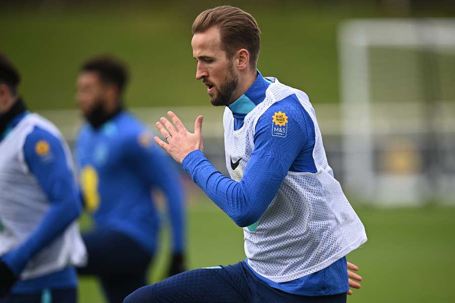 Harry Kane attends a team training session at St George's Park in Burton-on-Trent ahead of England's match with Italy