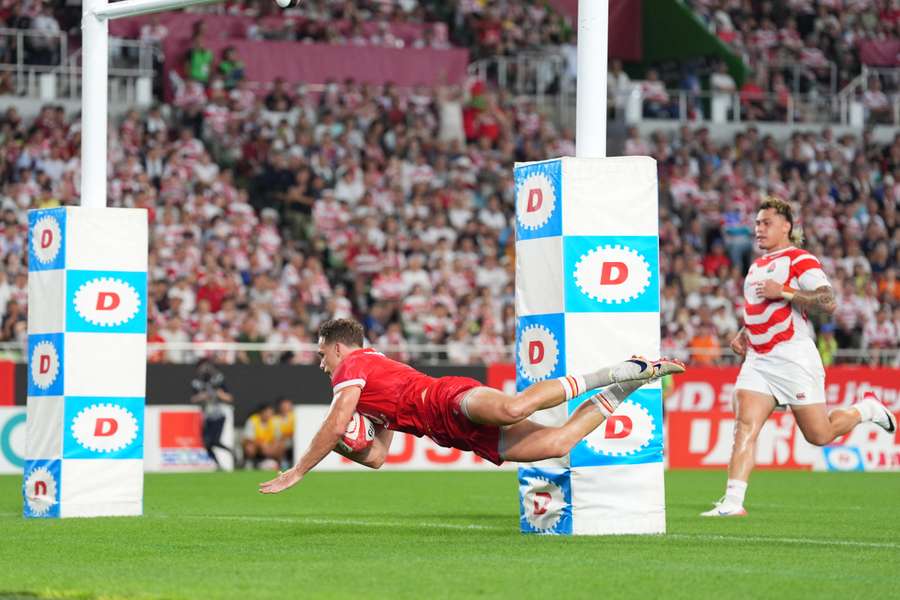 Kieran Hardy dives across the line to score a try for Wales in their weekend win over Japan.