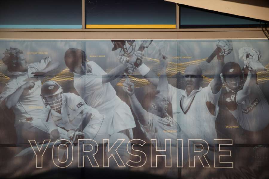 A poster displaying former players is seen at Emerald Headingley Ground, home of Yorkshire County Cricket Club in Leeds