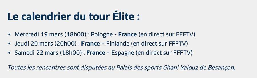 Le calendrier des Bleues pour ce Tour élite. Le calendrier des Bleues pour ce Tour élite.