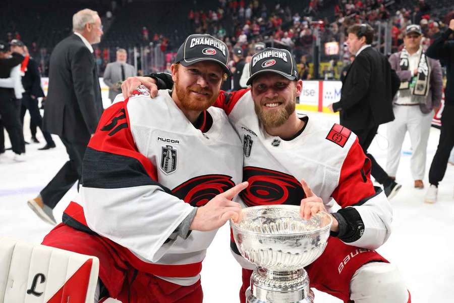 Frederik Andersen and Nikolaj Ehlers of the Carolina Hurricanes pose with the Stanley Cup after Game Six Frederik Andersen and Nikolaj Ehlers of the Carolina Hurricanes pose with the Stanley Cup after Game Six