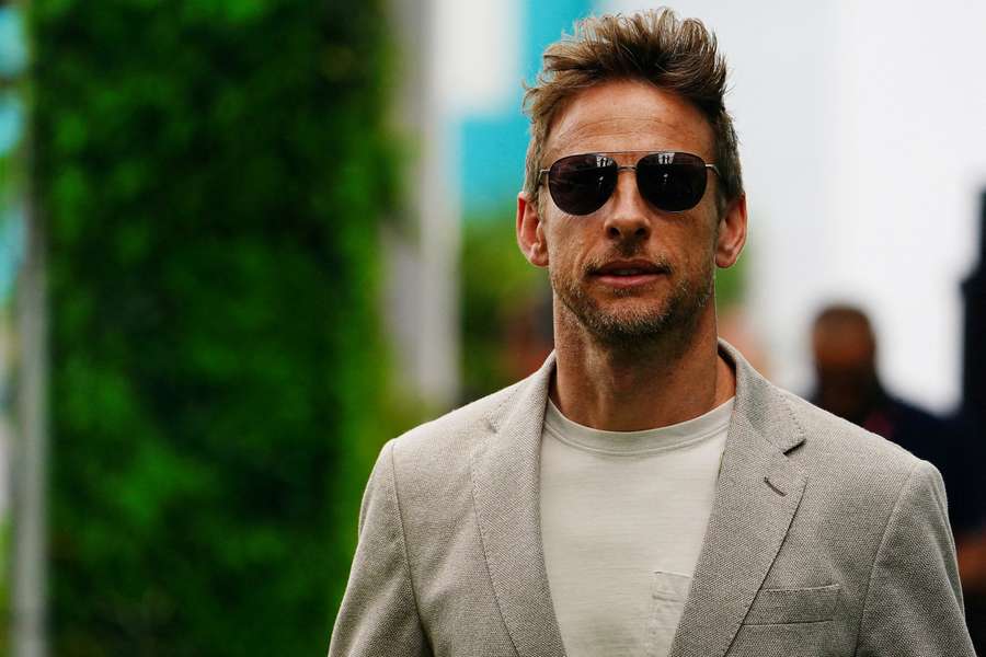 Former racing driver Jenson Button arrives for the Miami Grand Prix at Miami International Autodrome