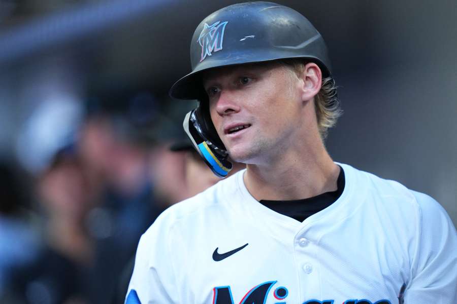 Miami Marlins outfielder Kyle Stowers reacting during Opening Day 2025 against the Pittsburgh Pirates