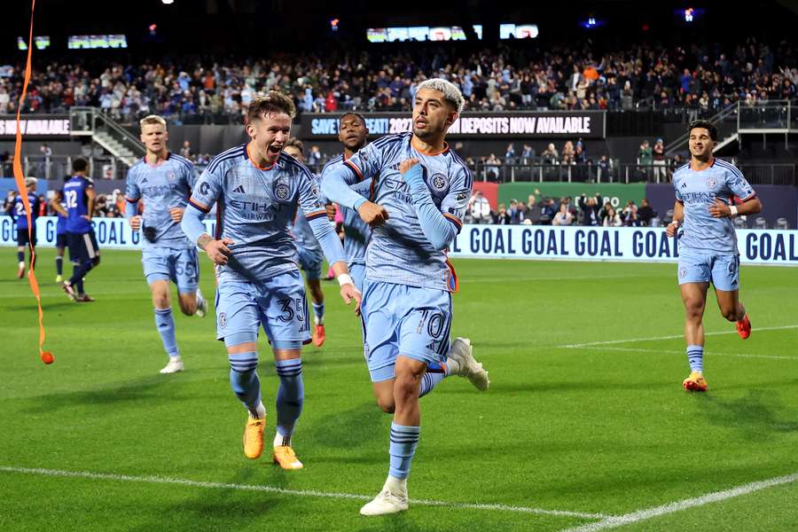 Santiago Rodriguez of New York City FC celebrates the team's third goal to secure a thrilling playoff victory over Cincinnati FC