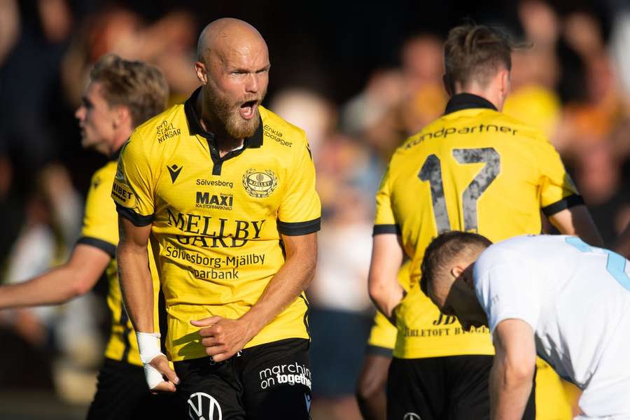 Viktor Gustafson celebrates as Mjallby earn precious point