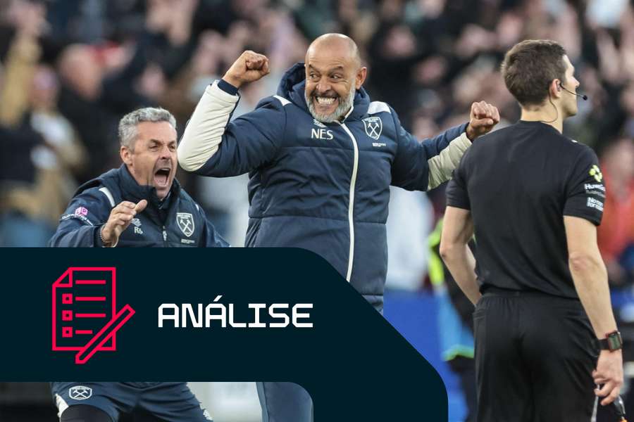 Nuno Espírito Santo, do West Ham, celebra o golo de Tomas Soucek frente ao Newcastle