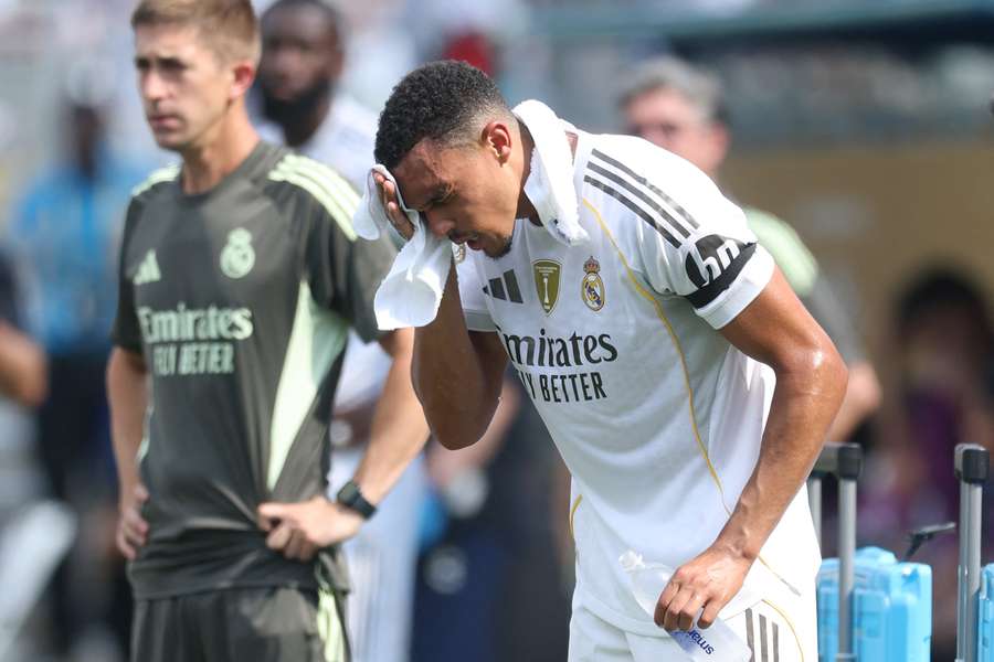 Real Madrid's Trent Alexander-Arnold takes a hydration break at the Club World Cup