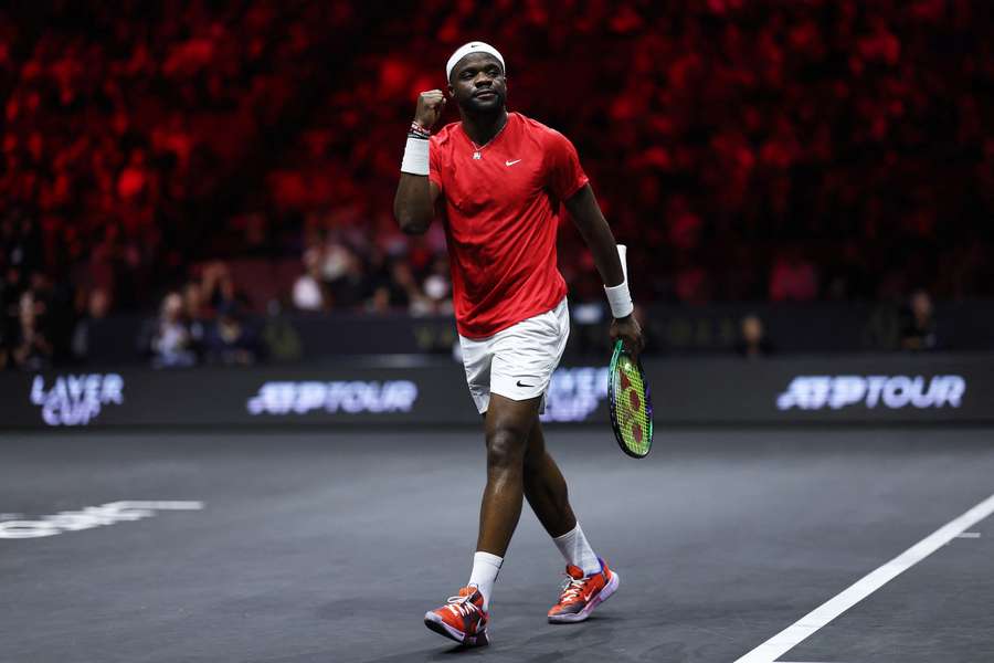 Team World's Frances Tiafoe on the way to victory over Team Europe's Hubert Hurkacz on day two of the Laver Cup in Vancouver, Canada