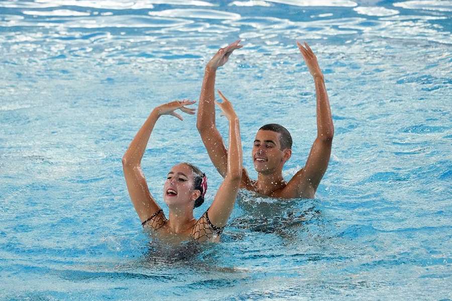 Slovakia's Jozef Solymosy and Silvia Solymosyova compete in the mixed duet free final at the European swimming championships in Rome