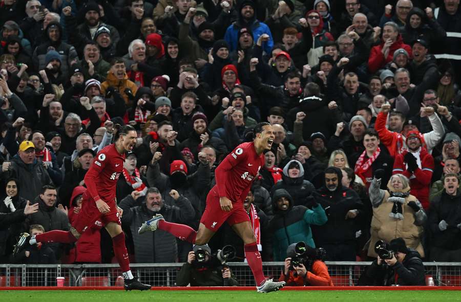 Virgil van Dijk celebrates with Darwin Nunez after scoring during Liverpool's 2-0 win over Wolves