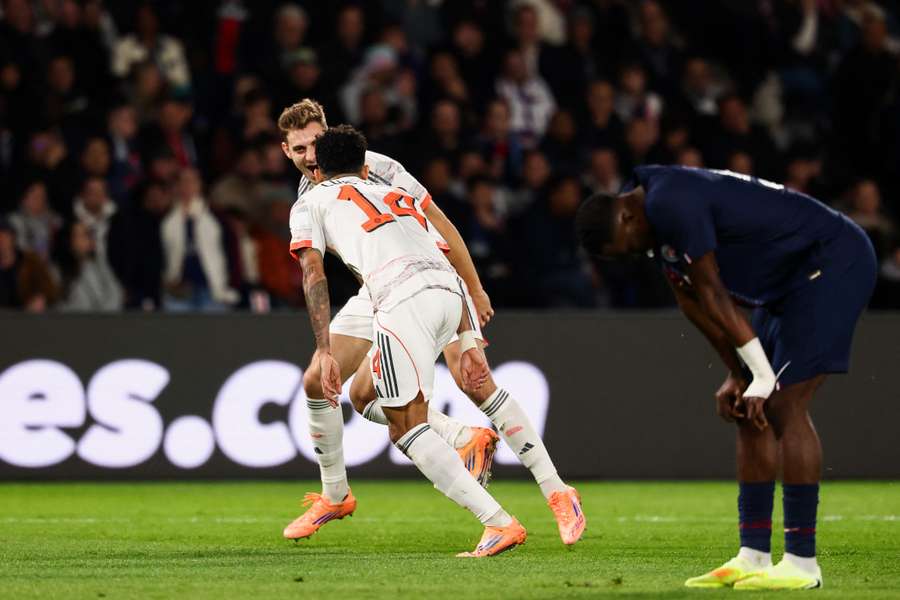 Bayern players celebrate scoring against PSG in the Champions League Bayern players celebrate scoring against PSG in the Champions League