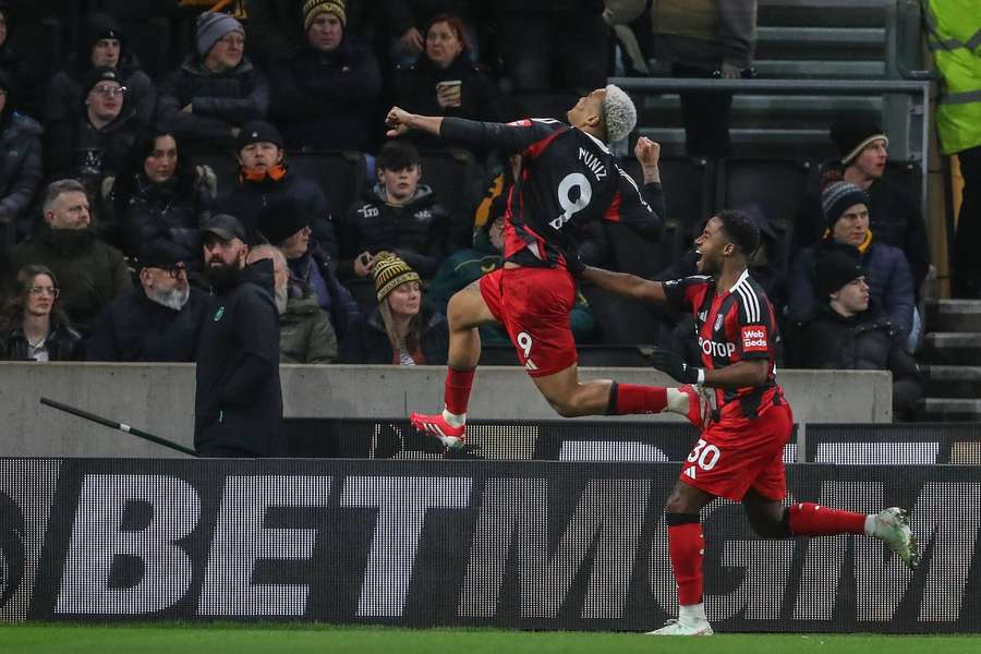 Fulham's Rodrigo Muniz celebrates after scoring during the Premier League match with Wolverhampton Wanderers