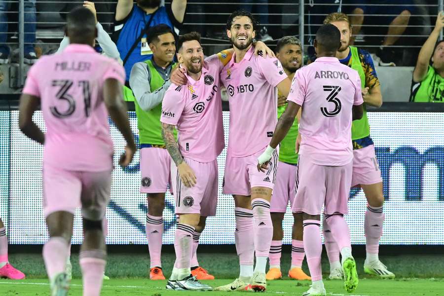 Lionel Messi and his teammates celebrate after the third goal in the 3-1 win over Los Angeles FC