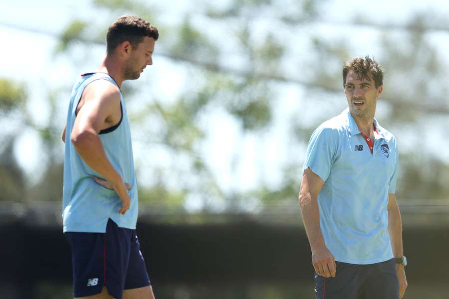 Josh Hazlewood and Pat Cummins bowl at Cricket Central in Sydney. Josh Hazlewood and Pat Cummins bowl at Cricket Central in Sydney.