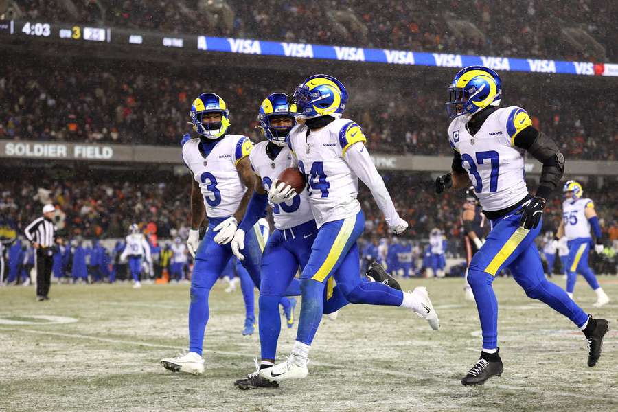 Los Angeles Rams celebrate a key moment in their win over the Chicago Bears.