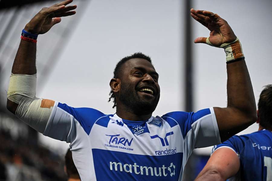 Fijian wing Josaia Raisuqe pictured celebrating after scoring a try during the French Top14 match against Toulon in 2023
