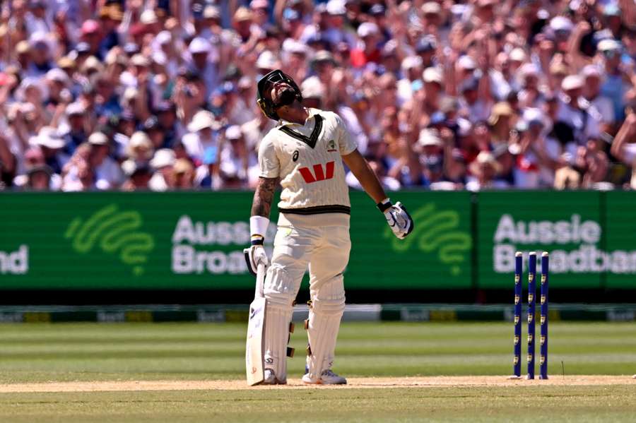 Jake Weatherald throws his head back after being bowled by Ben Stokes in Melbourne.
