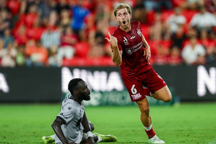 Stefan Mauk wheels away after scoring for Adelaide United in their weekend loss to Macarthur FC.