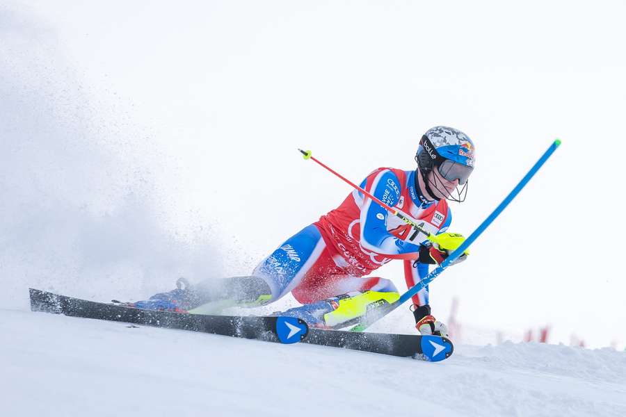Clement Noel of France competes in the first run of the men's slalom race during the FIS Alpine Skiing World Cup in Gurgl, Austria