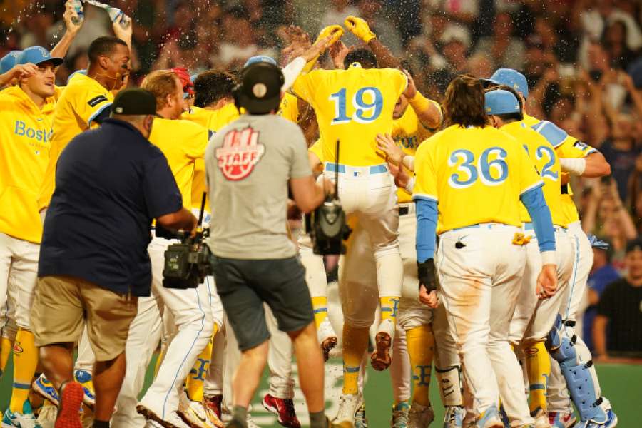 Boston Red Sox shortstop Pablo Reyes celebrates home run with his teammates