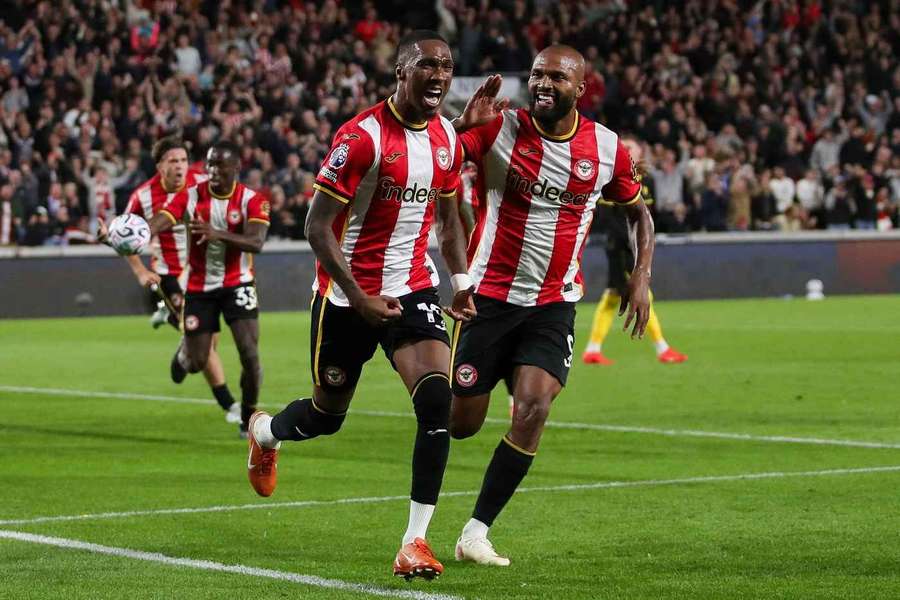 Jaidon Anthony celebrates scoring the opening goal for Brentford