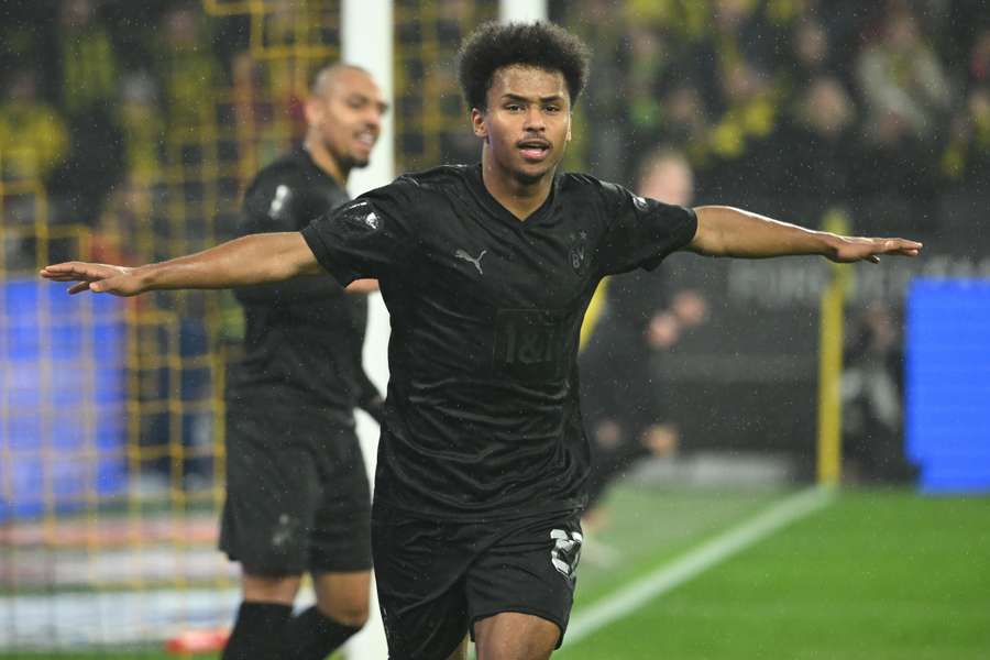 Dortmund's German forward Karim Adeyemi celebrates scoring the opener