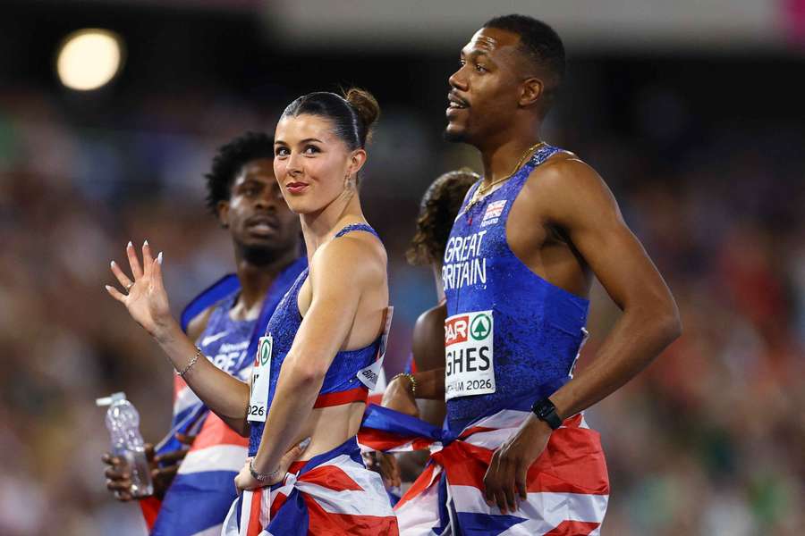 Amy Hunt poses alongside teammate Zharnel Hughes Amy Hunt poses alongside teammate Zharnel Hughes