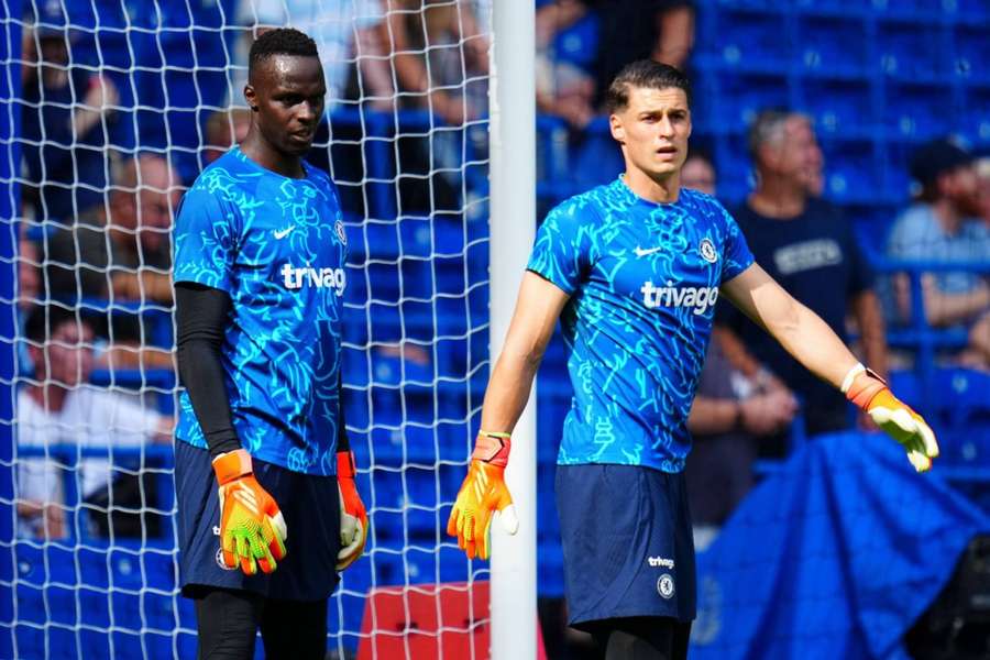Edouard Mendy and Kepa Arrizabalaga warm-up ahead of Chelsea's match with Tottenham at Stamford Bridge in August.